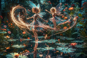 Close up photo of a ((water fairy)) gliding over a pond in a garden, reflections in the water, night scene. ral-exposure, in the style of double exposure, Art Nouveau, long exposure, layered lines, chiaroscuro,  best quality, masterpiece, absurdres, incredibly absurdres colorful,8K,RAW, Long_Exposure 