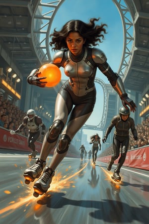 Oil painting. Anime style by J.C. Leyendecker. Battle Angel Alita competing in a high-speed Motorball game. Alita, wearing her iconic sleek cyborg armor, races through the futuristic Motorball rollercoaster like tracks on rollerblades, gripping the glowing Motorball in one hand. Her face is focused and determined, with cybernetic enhancements emphasizing her power and agility. The arena is a high-tech, metallic environment with neon lights, massive crowds, and a gritty, industrial vibe. In the background, other cybernetic players chase after her, each equipped with various mechanical enhancements designed for speed and combat. Sparks fly from Alita's blades as she speeds around a sharp curve, with the atmosphere of the scene reflecting the intensity, competition, and danger of the Motorball game. The overall aesthetic is bold, dynamic, and futuristic, with a mix of cyberpunk elements and action-packed energy