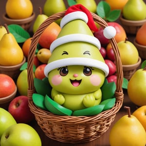 Photo of chibi Pear Santa inside a fruit basquet