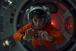 Closeup of a female astronaut, dressed in a vibrant orange space uniform, is carefully re-enacting the iconic scene from 2001: A Space Odyssey where David Bowman deactivates HAL 9000. Floating weightless Inside a sleek, futuristic spacecraft, she methodically removes the components of the HAL 9000 interface, one piece at a time. The setting is tense and sterile, with dim lighting reflecting off the metallic surfaces, capturing the eerie, unsettling atmosphere of the original scene. The astronaut’s expression is focused and determined, echoing the intensity of the moment as she disconnects each part of HAL’s circuitry. The red glow of HAL's eye slowly fades as the scene unfolds, highlighting the dramatic tension between human and machine.