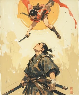 sketch painting. A shot from the ground up. A Samurai lifting his head upward. Above him, a female ninja is attacking. She holds a short dagger, The scene is illuminated by the soft glow of the setting sun