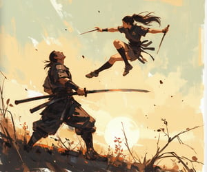 sketch painting. A shot from the ground up. A Samurai lifting his head upward. Above him, a female ninja is attacking. She holds a short dagger, The scene is illuminated by the soft glow of the setting sun