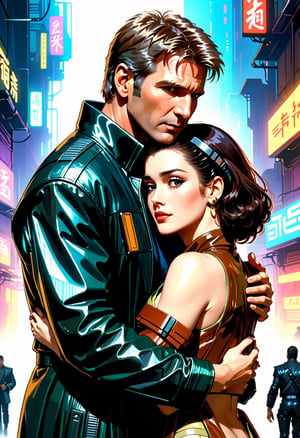 Young Harrison Ford as Blade Runner, embracing a woman, Sean Young, leather coats, retro futuristic, Blade Runner, directed by Ridley Scott, cyberpunk 2077 cityscapes, art by Makoto Shinkai, art by J.C. Leyendecker