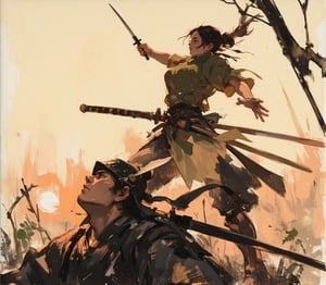 sketch painting. A shot from the ground up. A Samurai lifting his head upward. Above him, a female ninja is attacking. She holds a short dagger, The scene is illuminated by the soft glow of the setting sun