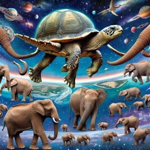 a gigantic turtle swimming through space. On the turtle’s back are elephants standing . Supported on the elephants’ backs is a large, intricate, flat world with visible oceans and continents,none