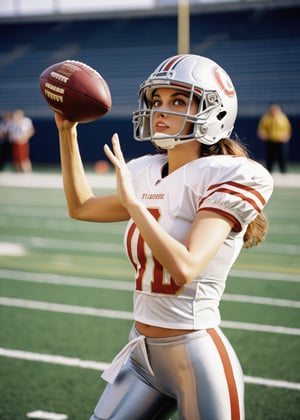 Photo, Closeup female quarterback throwing a football, midriff. Canon 5d mark 4, Kodak ektar, style by J.C. Leyendecker