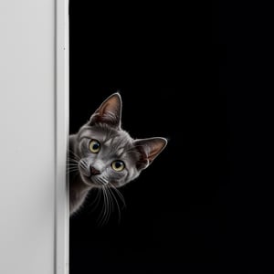 Photography. A sleek profile of a curious cat peeks out from behind a stark white wall, its delicate whiskers twitching in the air. The background is completely black, creating a strong contrast that highlights the subtle textures of the cat's fur and the sharpness of its gaze. Only half of the cat's face is visible, with one eye intensely focused forward, shining brightly against the darkness. The simplicity of the composition draws all attention to the cat's inquisitive expression, creating an atmosphere of quiet mystery and curiosity.