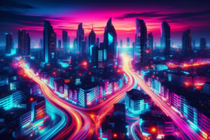 City skyline at night, cool colors, vibrant lights, futuristic style, wide angle, bustling streets, dark sky. ral-exposure, in the style of double exposure, neon art nouveau, long exposure, wimmelbilder, layered lines, neonpunk, chiaroscuro, best quality, masterpiece, highres, absurdres, incredibly absurdres, huge filesize, wallpaper, colorful,8K,RAW photo ,Long_Exposure