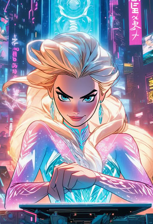 Anime artwork. Margot Robbie, as Elsa from Frozen movie, hacking on a computer, cyberpunk 2077, art by J.C. Leyendecker, anime style, key visual, vibrant, studio anime, highly detailed