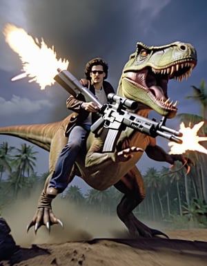 H4ck3rm4n, Hackerman riding a T-rex, firing machine gun