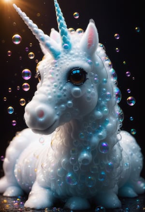 made of bath foam and soap bubbles, photograph capturing a unicorn, with sharp focus, vibrant colors, strong film grain, cinematic lighting