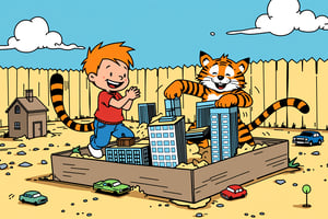 Anime style.,NijiEX style. Illustrate a playful scene inspired by Calvin and Hobbes, where the two characters are gleefully destroying a model city built in a sandbox. Calvin, with his iconic mischievous grin, is stomping through tiny buildings while Hobbes, his loyal tiger companion, swipes at skyscrapers with his paws. The city in the sandbox is detailed with small buildings, cars, and trees, all being knocked over in their chaotic fun. The background shows a sunny day with blue skies, and perhaps a backyard fence, to set a light-hearted tone. The overall style should reflect the classic, whimsical art of Calvin and Hobbes, with a sense of carefree destruction and childlike joy.