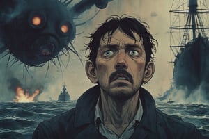 Closeup of a frightened man, eyes wide open, the narrator of War of the World, looking toward the steamship Ironclad warship HMS Thunder Child firing at a tall Martian Tripod