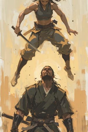 sketch painting. A shot from the ground up. A Samurai lifting his head upward. Above him, a female ninja is attacking. She holds a short dagger, The scene is illuminated by the soft glow of the setting sun