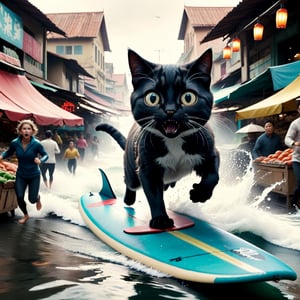 Cinematic still of cat,  scared, surfing on top of a fish,  running away in a market