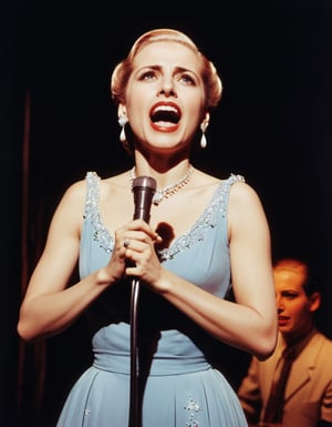 Color Photo of Eva Peron singing "Don't Cry for Me, Argentina" at a Broadway Musical, Stage Neon Sign "Evita"