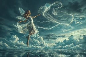 Close up photo of a ((wind fairy)) gliding the cloud, reflections in the water, night scene. in the style of double exposure, Art Nouveau, long exposure, layered lines, chiaroscuro, absurdres, Long_Exposure ral-exposure, 