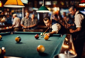 Closeup of people shooting pool at a local bar. Fine art photography, iconic, dynamic angle, dynamic pose, macro, photograph, sharp, focussed, Lomography Color 100, F/14, beautiful detailed supreme quality color intricate, extremely stylish, deep aesthetic, sharp focus, magnificent, dynamic dramatic composition