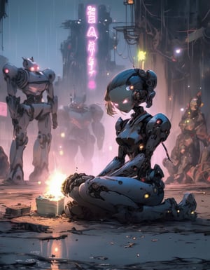 Photo of a sad android girl, birthday cake, sitting on the ground, led eyes, with metallic robot body, holding a sparkler, surrounded by her family. A crumbling cyberpunk ruin in the background, night scene
