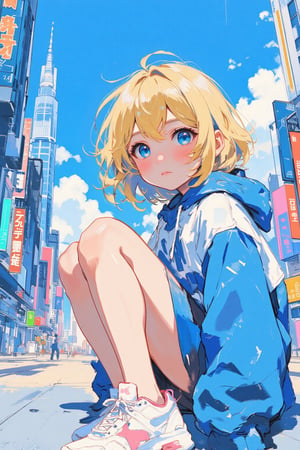 Sketch painting. lyh_niji. anime style. 1girl. A vibrant anime-style illustration of a young blonde woman sitting on the ground in a futuristic cityscape. She wears a blue and white windbreaker and white sneakers with pink accents. Her wide blue eyes are filled with wonder, and her cheeks are flushed, suggesting excitement or surprise. The wind gently tousles her hair as futuristic skyscrapers and neon signs fill the background, all under a bright blue sky with fluffy clouds. The setting conveys a sense of adventure in a modern, high-tech urban environment, with bold, clean lines and pastel colors adding a soft yet dynamic feel.