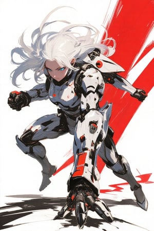 Sketch painting, lyh. A dynamic, futuristic anime-style illustration featuring a cybernetic female character punching the ground with her fist.  She has long white hair flowing behind her. She is equipped with intricate, robotic armor and mechanical enhancements, particularly on her oversized mechanical arms. The character has glowing, intense blue eyes, and her expression is focused and determined as she leaps forward in a powerful action pose. The armor is detailed with a white and black color scheme, adorned with red accents and industrial-like patterns. The background is minimalist with a striking red stripe and white backdrop, giving the image a sleek, sci-fi aesthetic. The overall style is high-tech, cyberpunk, and action-packed, with influences of mecha and futuristic design.