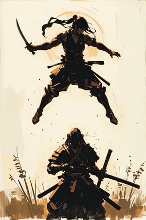 sketch painting. A shot from the ground up. A Samurai lifting his head upward. Above him, a female ninja is attacking with her dagger, The scene is illuminated by the soft glow of the setting sun