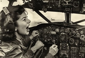 Photo,  Female pilot,  screaming,  inside cockpit,  ww2