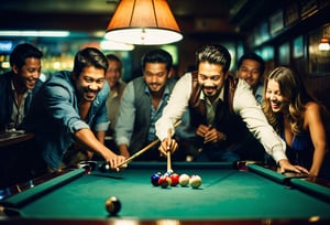 Photo. Closeup of a happy crowd shooting pool at a local bar. Fine art photography, iconic, dynamic angle, dynamic pose, macro, photograph, sharp, focussed, Lomography Color 100, F/14, beautiful detailed supreme quality color intricate, extremely stylish, deep aesthetic, sharp focus, magnificent, dynamic dramatic composition