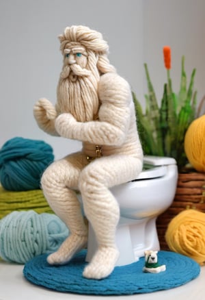 Sculpture of Zeus made of wool, squatting on a Toilet Seat,w00len