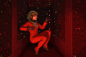 A female astronaut in an orange spacesuit is floating inside a dimly lit spaceship. She is carefully removing rectangular components from a wall panel filled with glowing lights, each piece sliding out one by one. The corridor is bathed in a red glow, with reflections of light creating a tense atmosphere. The astronaut's face is partially visible through her helmet, showing focus and determination as she works to disable the system. The background features the same iconic grid pattern, emphasizing the cold, mechanical nature of the environment."