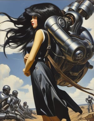 Abstract painting. girl, black long hair blown by the wind, cybernetic armor, backpack, art by J.C. Leyendecker. Background is a Giant evil Mechanical Robot., MoDernart