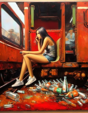 Oil Painting,Girl sitting on train, red interior, rust, garbage on the floor, broken bottles, r3mbr4ndt