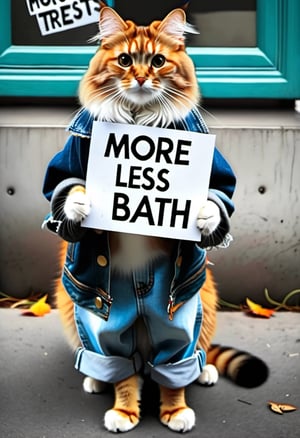Photo of a homeless cat, wearing flares, holding a sign that say "More Treats, Less Bath".
