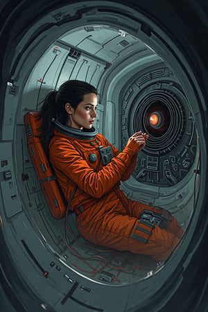 A detailed digital illustration of a female astronaut in an orange space suit, re-enacting the iconic scene from *2001: A Space Odyssey* where David Bowman disables HAL 9000. The astronaut is floating in the stark, minimalist interior of the spacecraft, carefully removing components from the HAL 9000 panel piece by piece. Her expression is focused and intense, with a determined look in her eyes. The HAL 9000 interface, with its red glowing eye, watches her as she methodically works. The scene is bathed in the soft, cold light of the spacecraft, with shadows adding to the tension and isolation. The overall mood is tense, methodical, and atmospheric, capturing the eerie calm of the original scene. High contrast, cinematic lighting, retro-futuristic design, attention to detail.