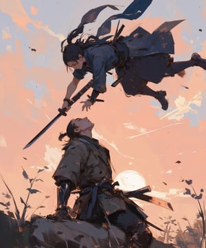 sketch painting. A shot from the ground up. A Samurai lifting his head upward. Above him, a female ninja is attacking. She holds a short dagger, The scene is illuminated by the soft glow of the setting sun