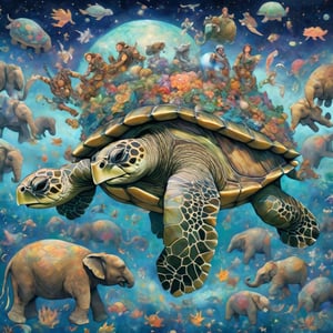 a gigantic turtle swimming through space. On the turtle’s back are elephants standing . Supported on the elephants’ backs is a large, intricate, flat world with visible oceans and continents,none