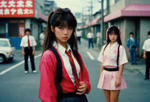  A cinematic film still of Sukeban Deka, Yoyo girl detective, 80s Japanese Drama. Style by Masamune Shirow. Canon 5d Mark 4, Kodak Ektar, 35mm 