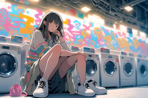 Anime style. A girl with long, straight hair waiting for her laundry at a laundromat. She is sitting on a chair, leaning against a wall adorned with colorful graffiti. Her face expresses weariness and boredom. The laundromat's atmosphere is filled with a mix of warm and artificial light, reflecting off the row of washing machines in the background. The overall scene presents a relatable, everyday moment of quiet contemplation and leisurely waiting.