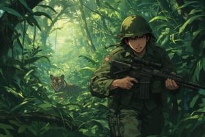 lyh Anime style. Create a tense jungle scene set in Vietnam, featuring a dense, lush environment with thick foliage, tall trees, and tropical plants. We see the close up face of an American Marine, showing fear in his face, is cautiously walking towards the viewer, holding a rifle in a ready position. He is dressed in camouflage fatigues and a helmet, blending into the surroundings. Unbeknownst to him, a distance away, a stealthy tiger is following closely behind, partially obscured by the foliage. The tiger's eyes are fixed on the soldier, adding a sense of impending danger to the scene. The overall atmosphere should be one of suspense, with the jungle's dense greenery and shadows heightening the tension.