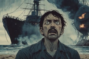 Closeup of a frightened man, eyes wide open, the narrator of War of the World, standing offcenter at the beach. Background is the steamship Ironclad warship HMS Thunder Child firing at a Giant Martian Tripod