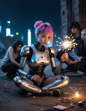 Photo of a sad android girl, birthday cake, sitting on the ground, led eyes, with metallic robot body, holding a sparkler, surrounded by her family. A crumbling cyberpunk ruin in the background, night scene