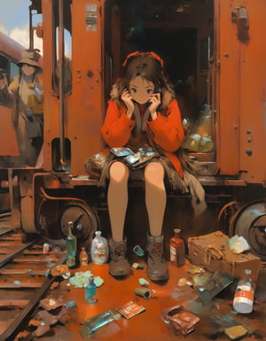 Oil Painting, Anime artwork. Girl sitting on train, holding a phone, red interior, rust, garbage on the floor, broken bottles, r3mbr4ndt