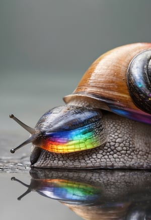 Snail with rainbow colored transparent shell, reflecting colors