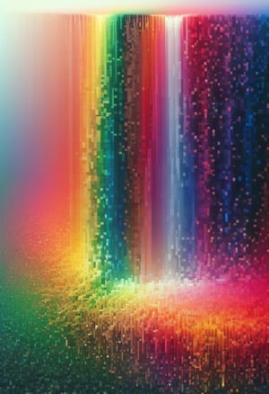 A waterfall of rainbow-colored pixels that fall into the ground, dissolving into pixels.  