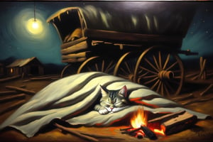 Oil painting. sleeping cat, napping under a blanket, eyes closed, night scene, beside a bonfire and an abandoned wagon, old west,painting