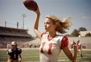 Photo, Closeup blonde female quarterback throwing a football, midrift. Canon 5d mark 4, Kodak ektar, style by J.C. Leyendecker