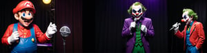 Photo of Super Mario doing stand-up comedy at a club as the Joker