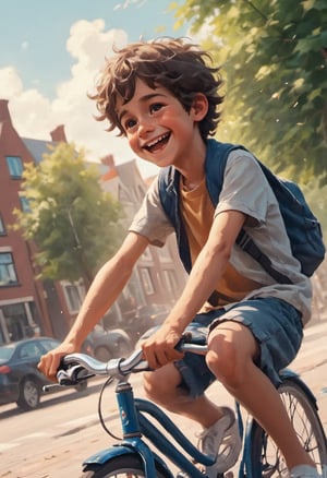 Close up of a happy boy a riding a bicycle in  Nijmegen  dreamyvibes artstyleNegative:,zavy-dtchngl