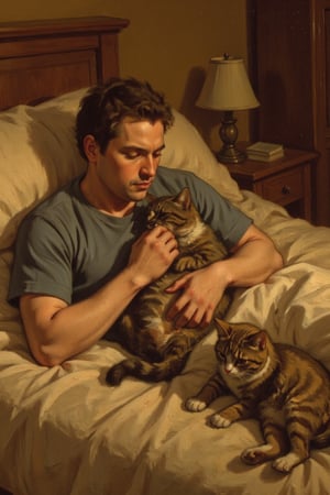 Painting. A man spooning with his two cats on a bed. The man is lying on his side, gently holding one of the cats close to his chest, while the other cat is nestled comfortably beside him. The scene takes place in a warm, softly lit bedroom, with the bed covered in comfortable, inviting blankets. The cats are relaxed, with one of them possibly purring or nuzzling against the man. The overall atmosphere is serene and intimate, capturing the tender bond between the man and his beloved pets.