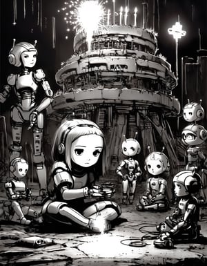 B & W drawing. r3mbr4ndt. Sad android girl, birthday cake, sitting on the ground, led eyes, with metallic robot body, holding a sparkler, surrounded by her family. A crumbling cyberpunk ruin in the background, night scene